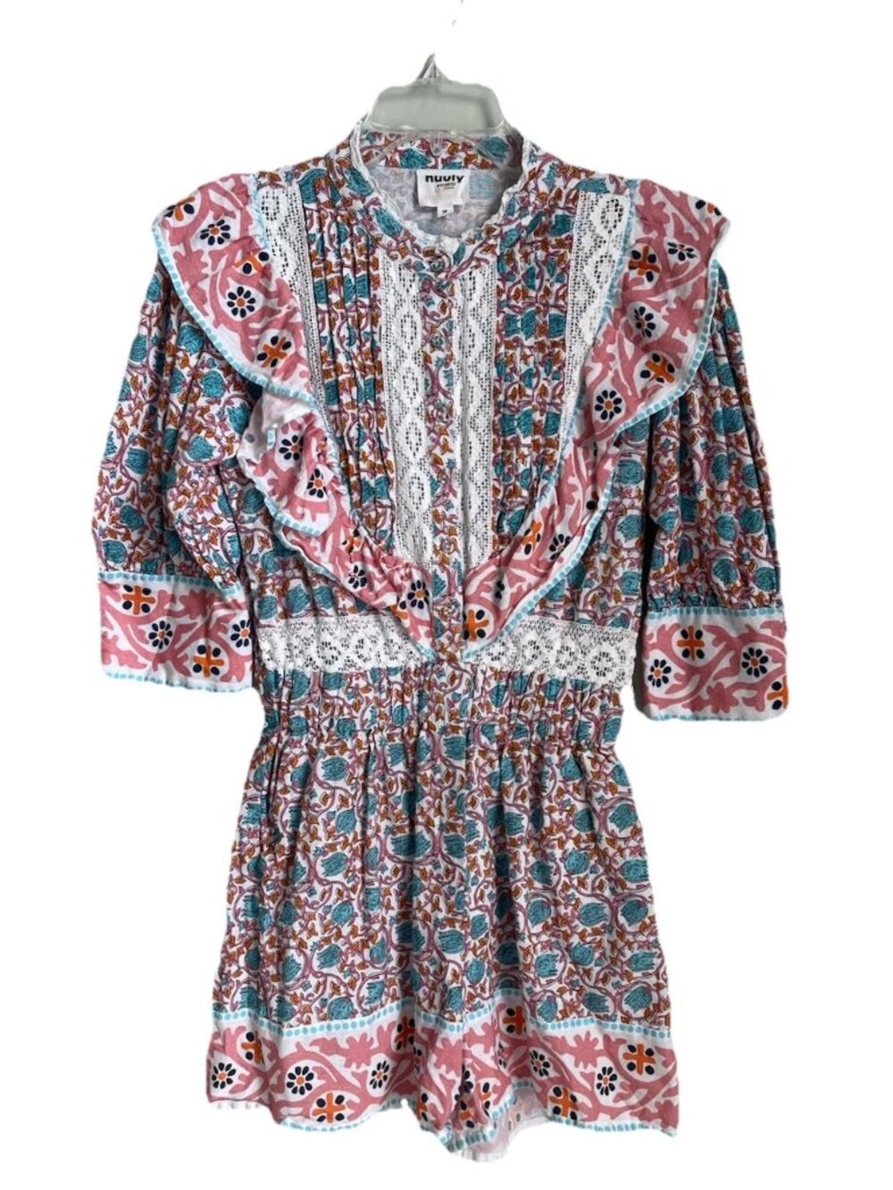 Nuuly Place Nationale Linen Blend Flounce Trim Romper Cottagecore Prairie